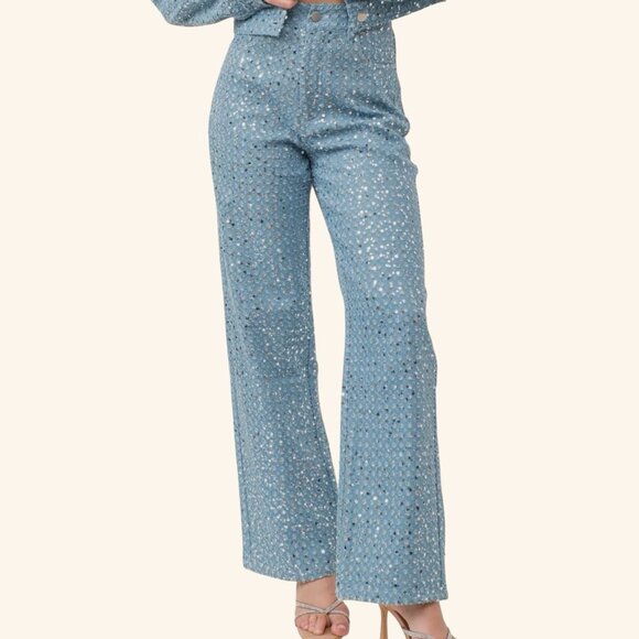 Kiwi Denim - Women Sequined Denim Straight Leg Jeans Pants Size US M/6 High Waist Ripped
